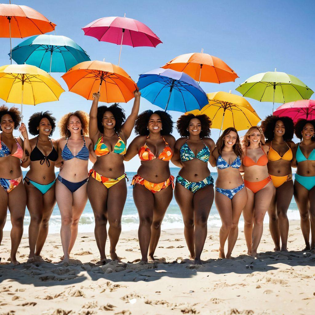 A diverse group of individuals of varying body shapes and sizes joyfully enjoying a sunny beach day, wearing vibrant swimwear that celebrates their uniqueness. The scene includes colorful beach umbrellas, sandcastles, and waves in the background, exuding a sense of confidence and positivity. Each person showcases their swim style, embracing body positivity with smiles and laughter. The overall atmosphere should be warm and inviting, reflecting a celebration of every body type. vibrant colors. super-realistic.